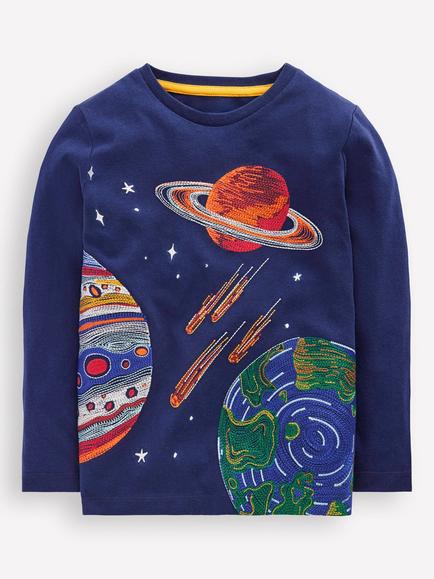 Mini Boden Kids' Cotton Glow-in-the-Dark Superstitch T-Shirt, Blue Planets, Blue Planets