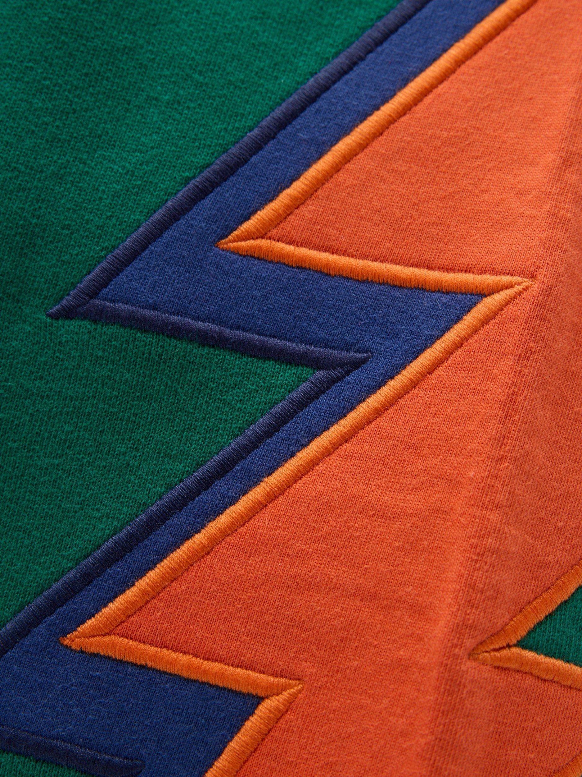 Product image 3 of 3, which shows Mini Boden Kids' Cotton Applique Drawstring Joggers, Lightning Bolt, 3-4 years