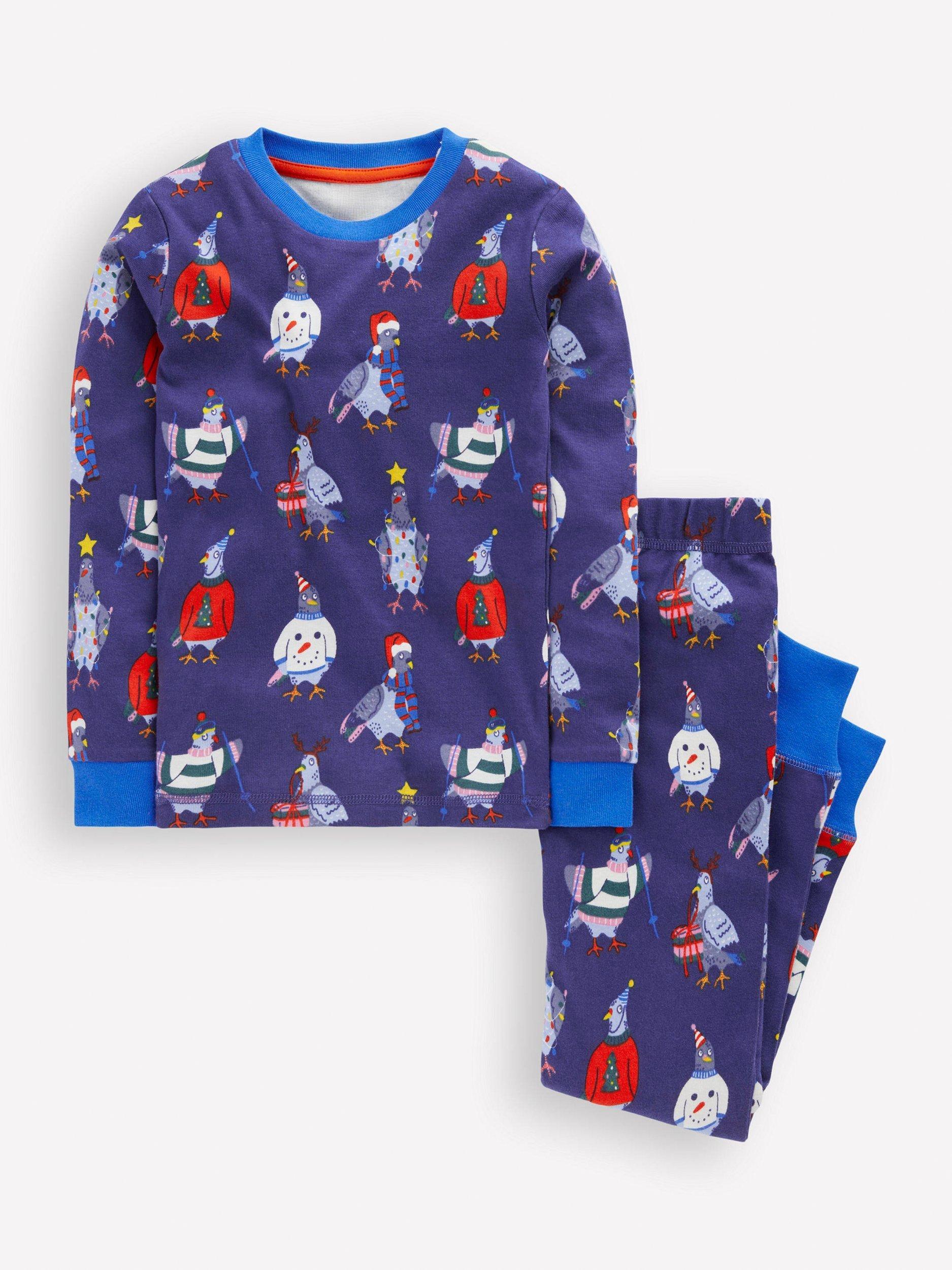 Product image 1 of 3, which shows Mini Boden Kids' Cotton Snug Long John Pyjama Set, Pigeons, 2 years