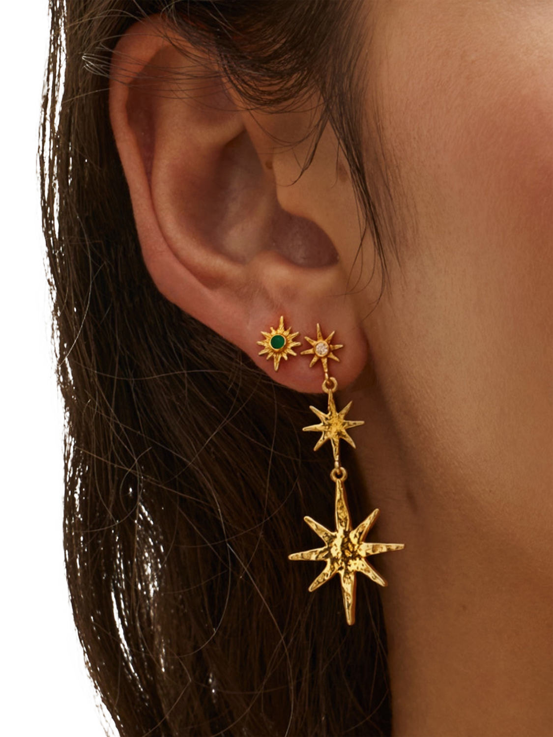 Product image 3 of 4, which shows Ottoman Hands Green Onyx Star Stud Earrings, Gold