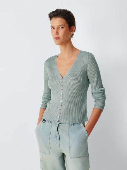 John Lewis x REJINA PYO Metallic Rib Knit Cardigan, Silver Blue, Silver Blue