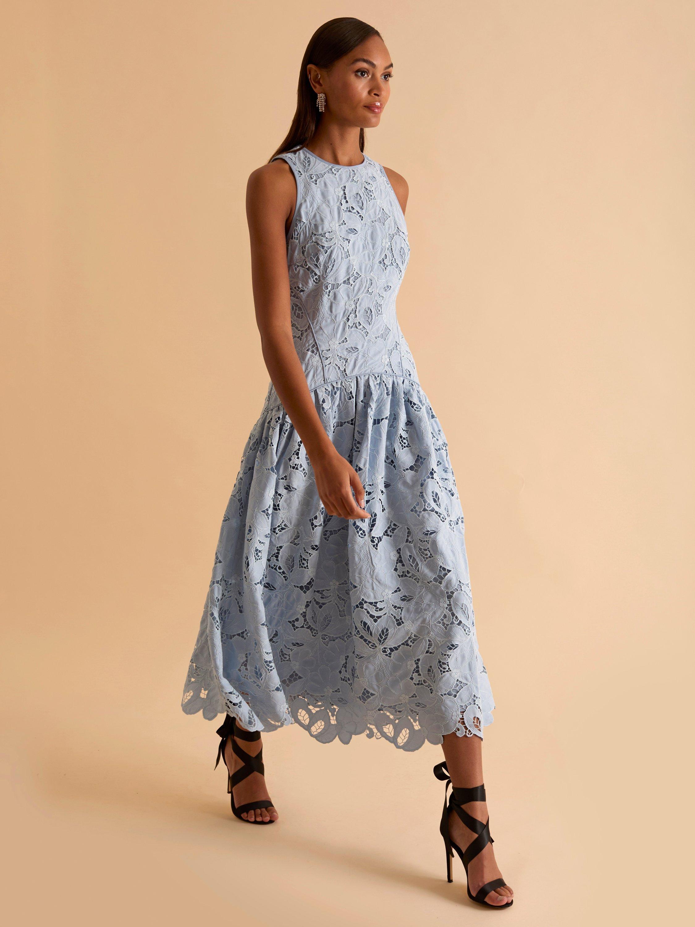 Product image 1 of 6, which shows FLORERE Corded Lace Midi Dress, Light Blue, 8
