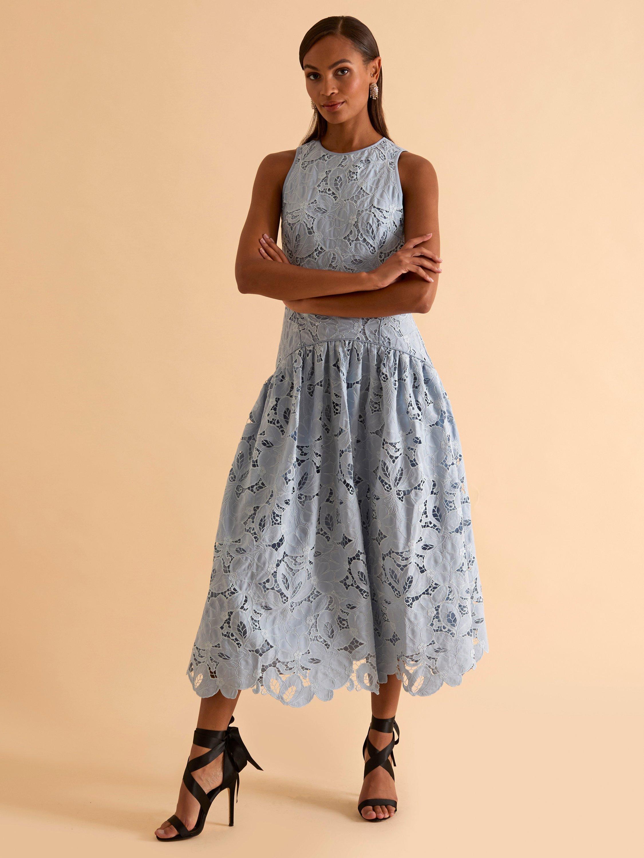 Product image 2 of 6, which shows FLORERE Corded Lace Midi Dress, Light Blue, 8
