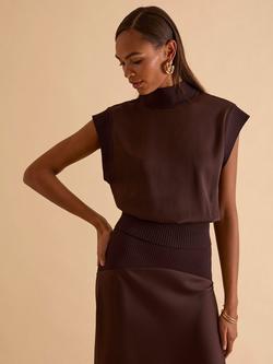 FLORERE Knit Satin Top, Brown, Brown