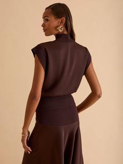 FLORERE Knit Satin Top, Brown - view 2, Brown