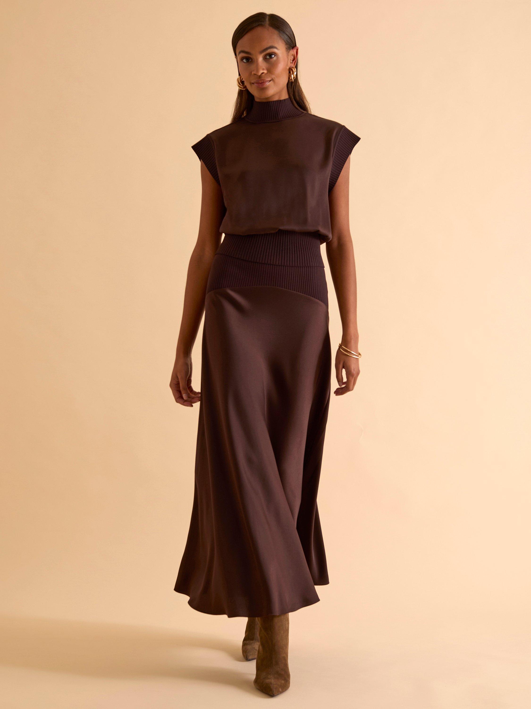 FLORERE Knitted Waistband Maxi Skirt, Brown - Main Image