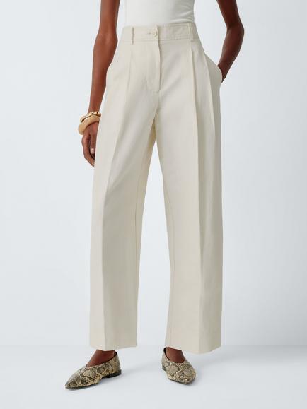 John Lewis Linen Blend Barrel Leg Trousers, White, White
