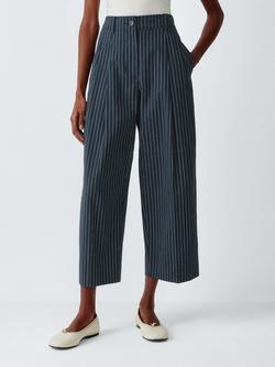 John Lewis Cotton Linen Blend Striped Barrel Leg Trousers, Navy Stripe, Navy Stripe