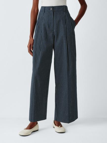 John Lewis Cotton Linen Blend Striped Barrel Leg Trousers, Navy Stripe, Navy Stripe