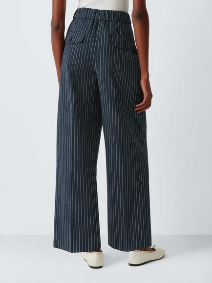 John Lewis Cotton Linen Blend Striped Barrel Leg Trousers, Navy Stripe - view 2, Navy Stripe