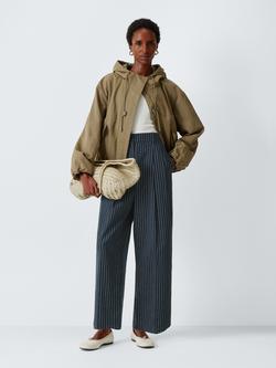 John Lewis Cotton Linen Blend Striped Barrel Leg Trousers, Navy Stripe, Navy Stripe