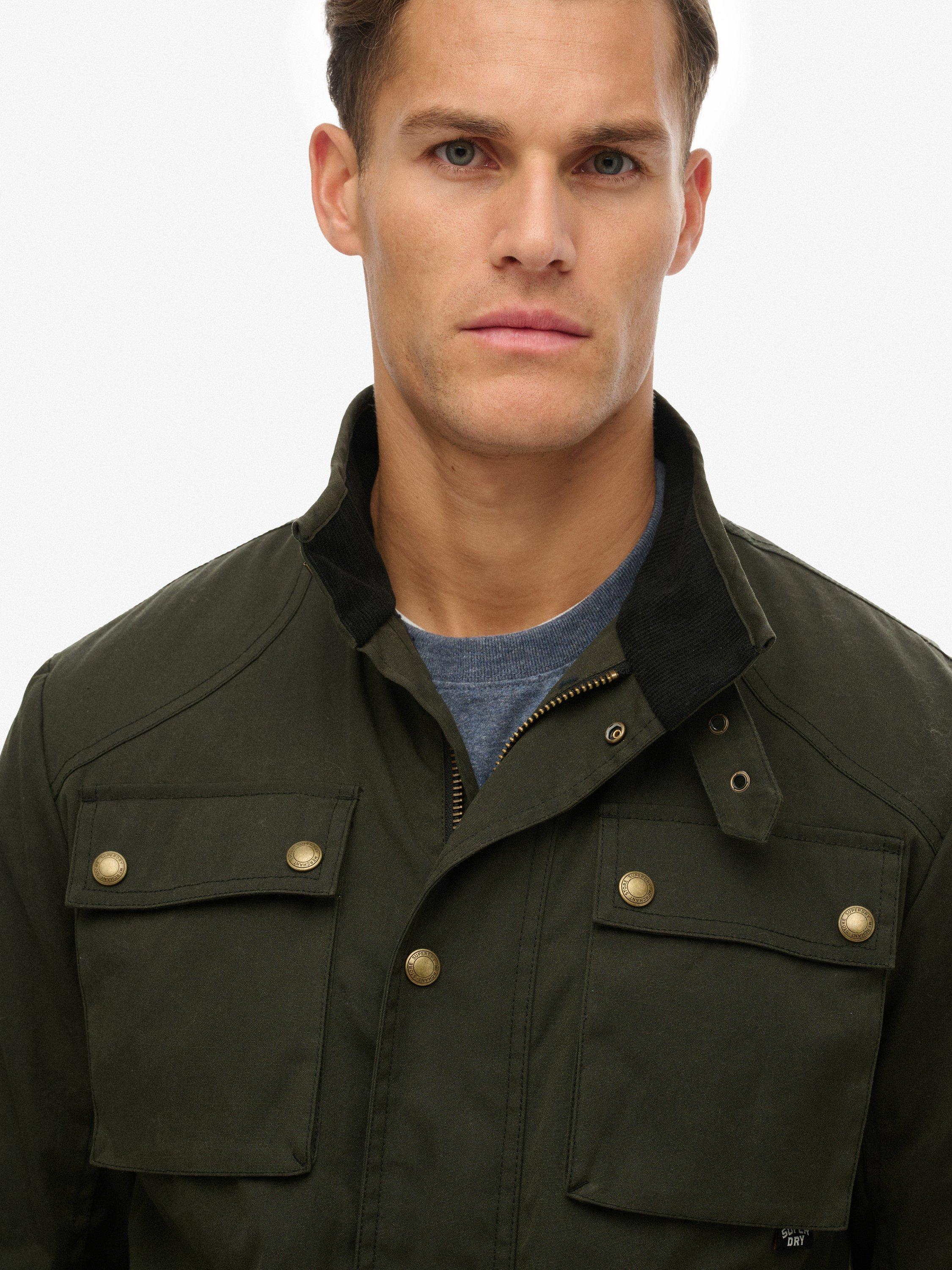 Product image 6 of 6, which shows Superdry Merchant Waxed Racer Jacket, Surplus Goods Green, S