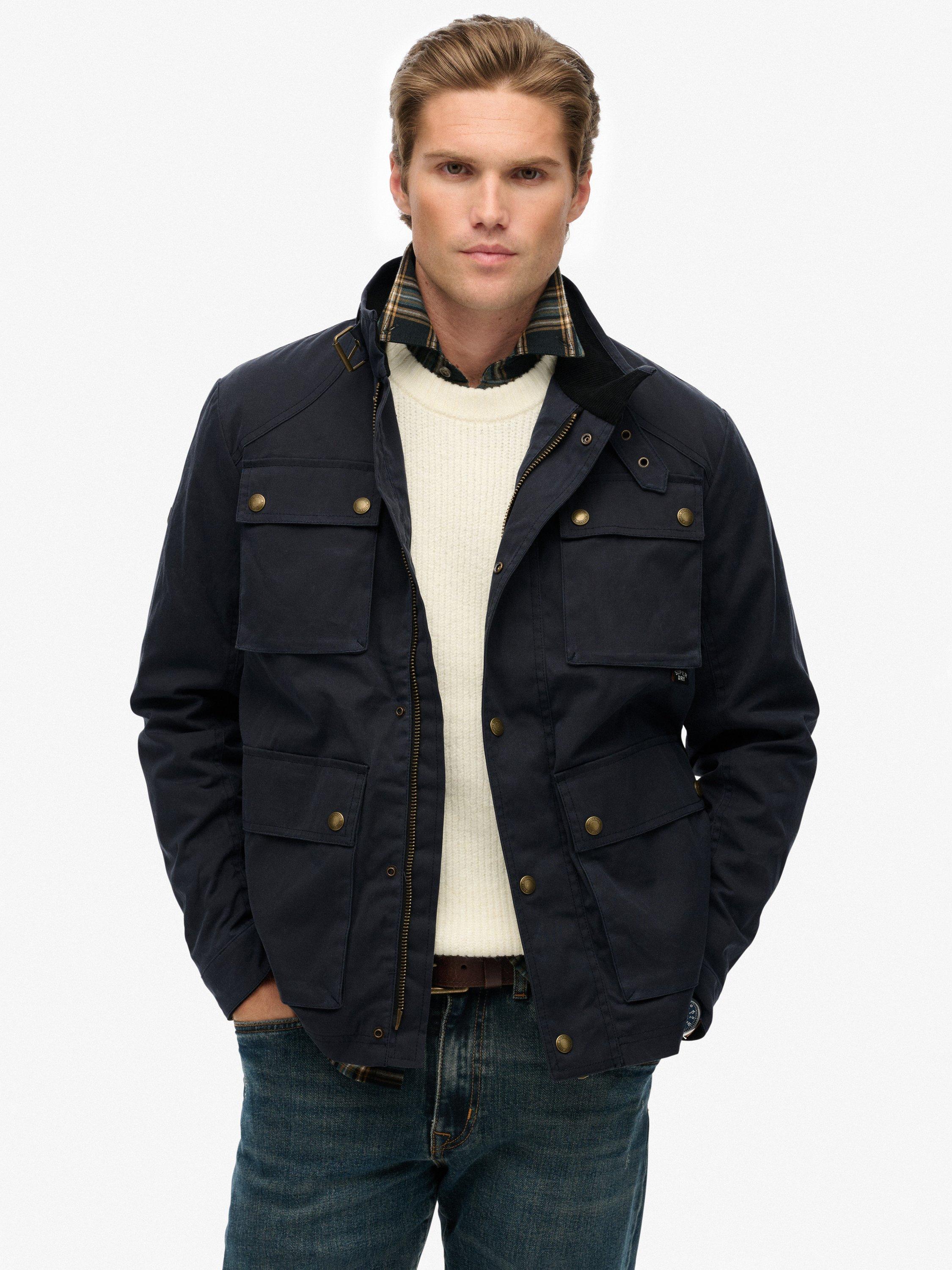 Product image 1 of 1, which shows Superdry Merchant Waxed Racer Jacket, Zinc Blue, S