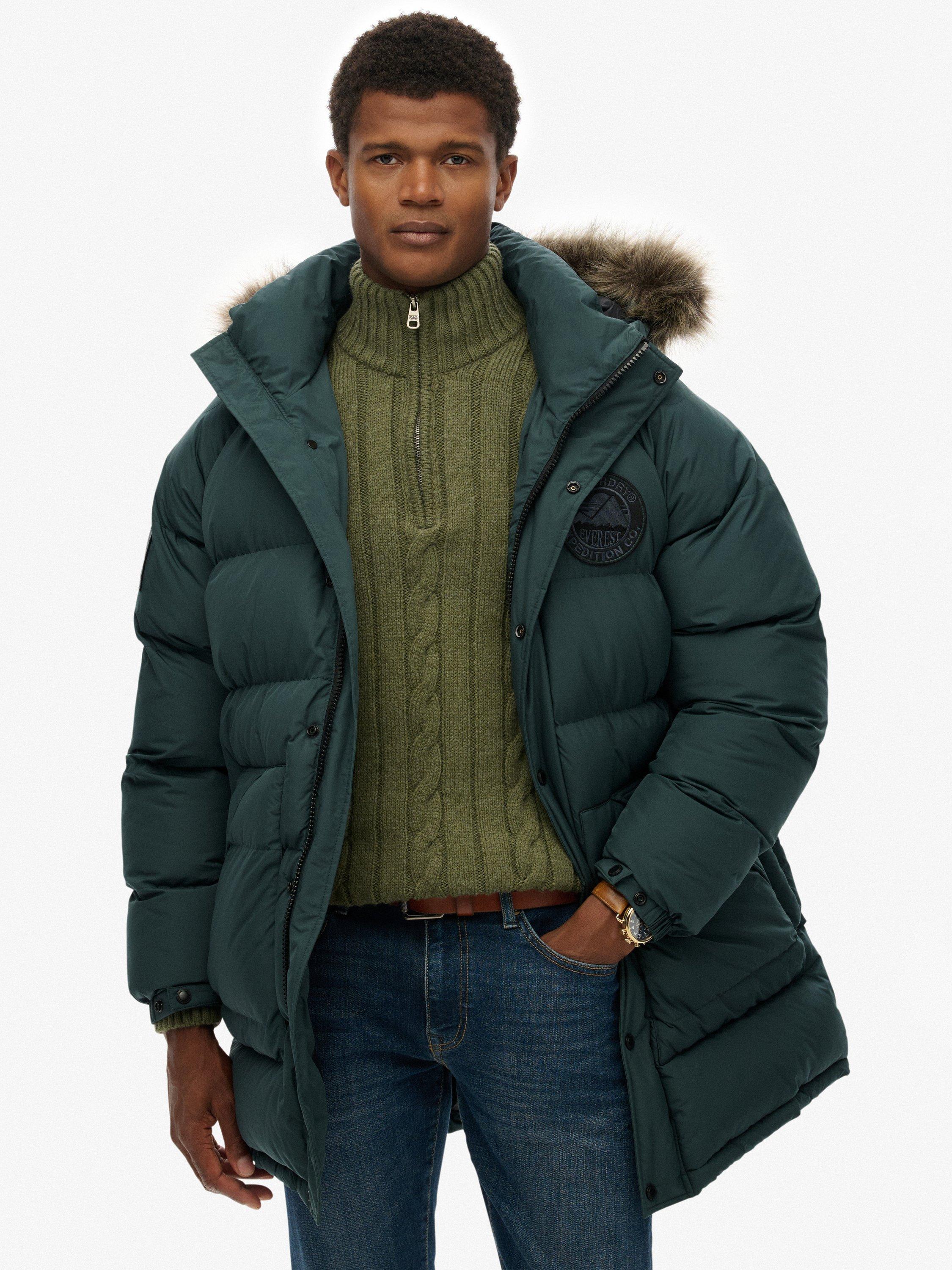 Product image 1 of 1, which shows Superdry Everest Longline Baffled Parka Jacket, Deep Forest Green, S