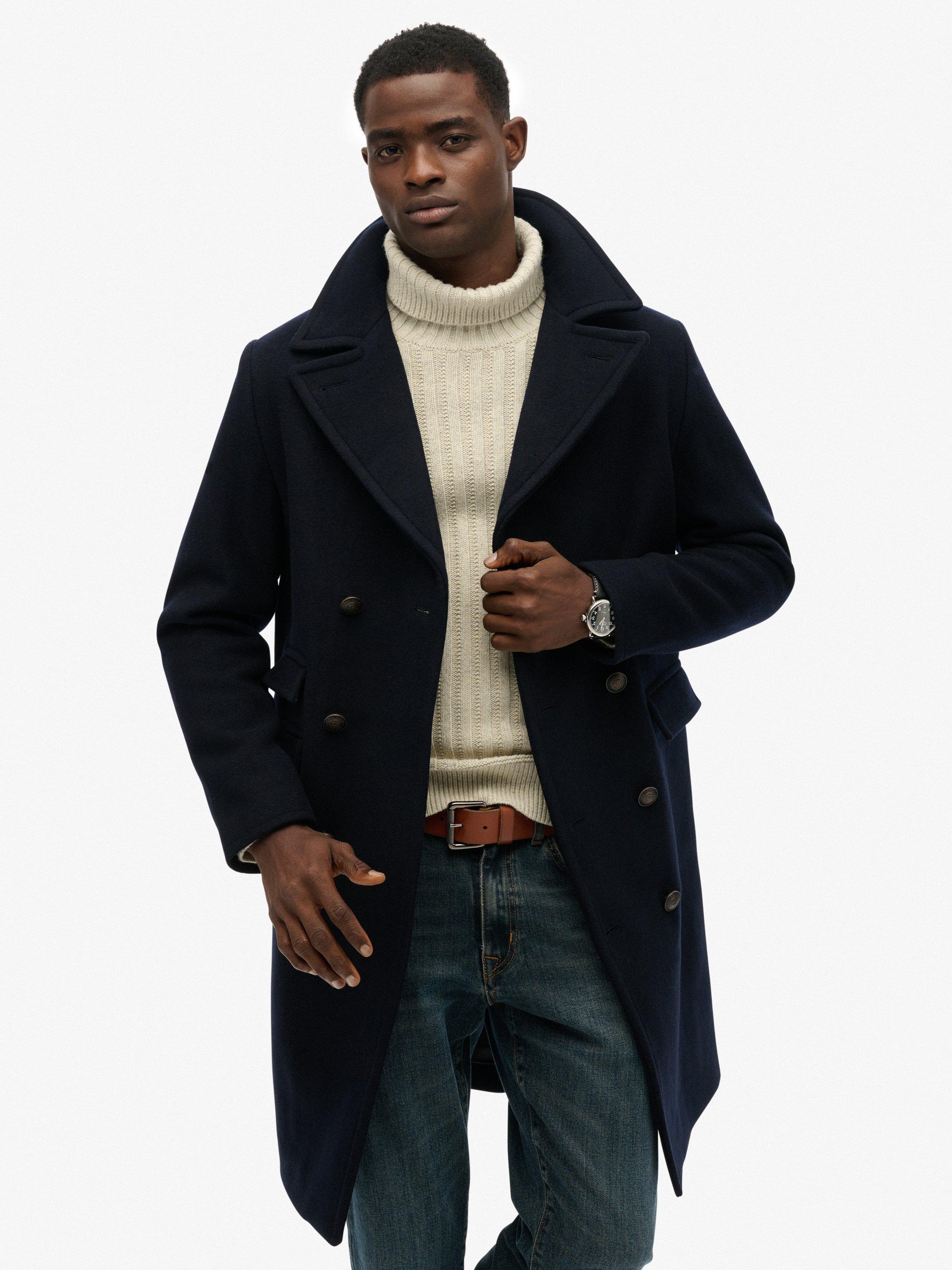 Product image 1 of 1, which shows Superdry Wool Blend Pea Coat, Eclipse Navy, XXL