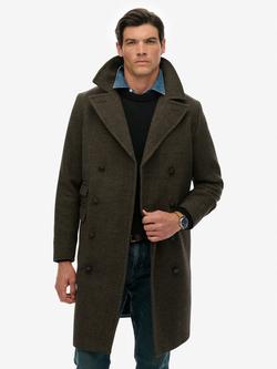 Superdry Wool Long Coat, Oakbrown Herringbone