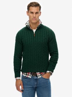 Superdry Cotton Classic Cable Half-Zip Jumper, Forest Green