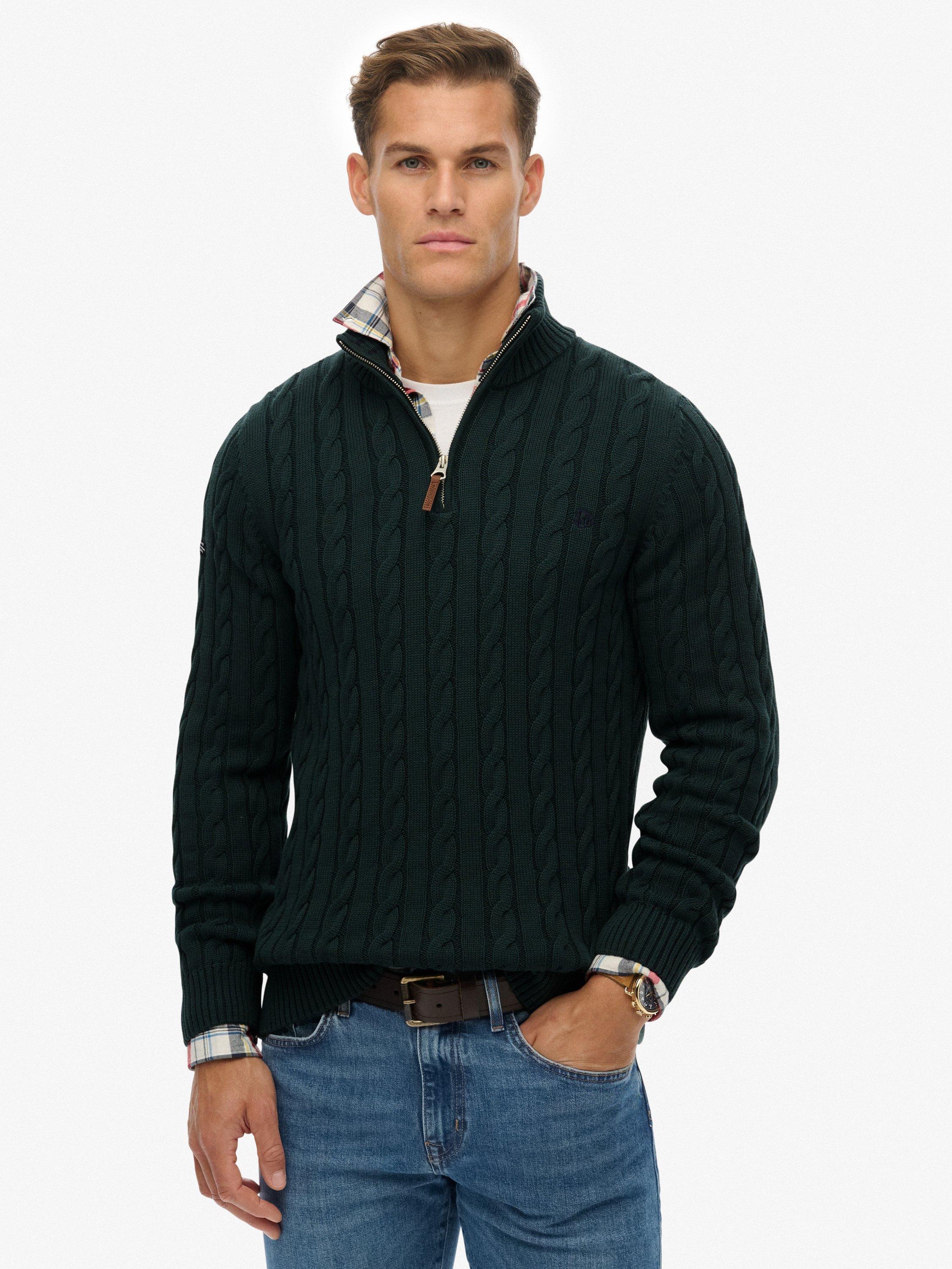 Product image 1 of 5, which shows Superdry Cotton Classic Cable Half-Zip Jumper, Eagle Green, S