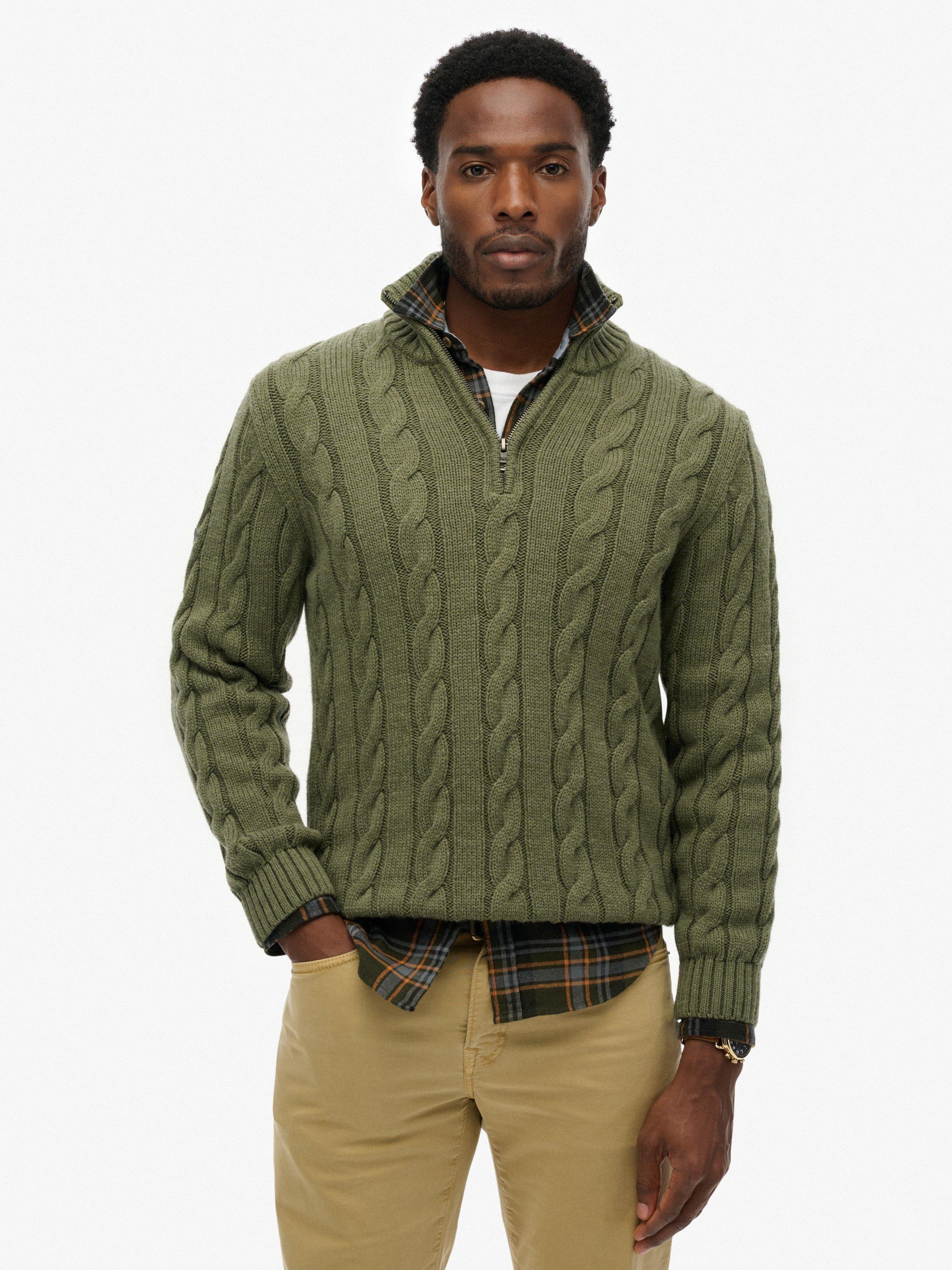 Product image 1 of 1, which shows Superdry Jacob Cable Knit Half Zip Jumper, Moss Green, M