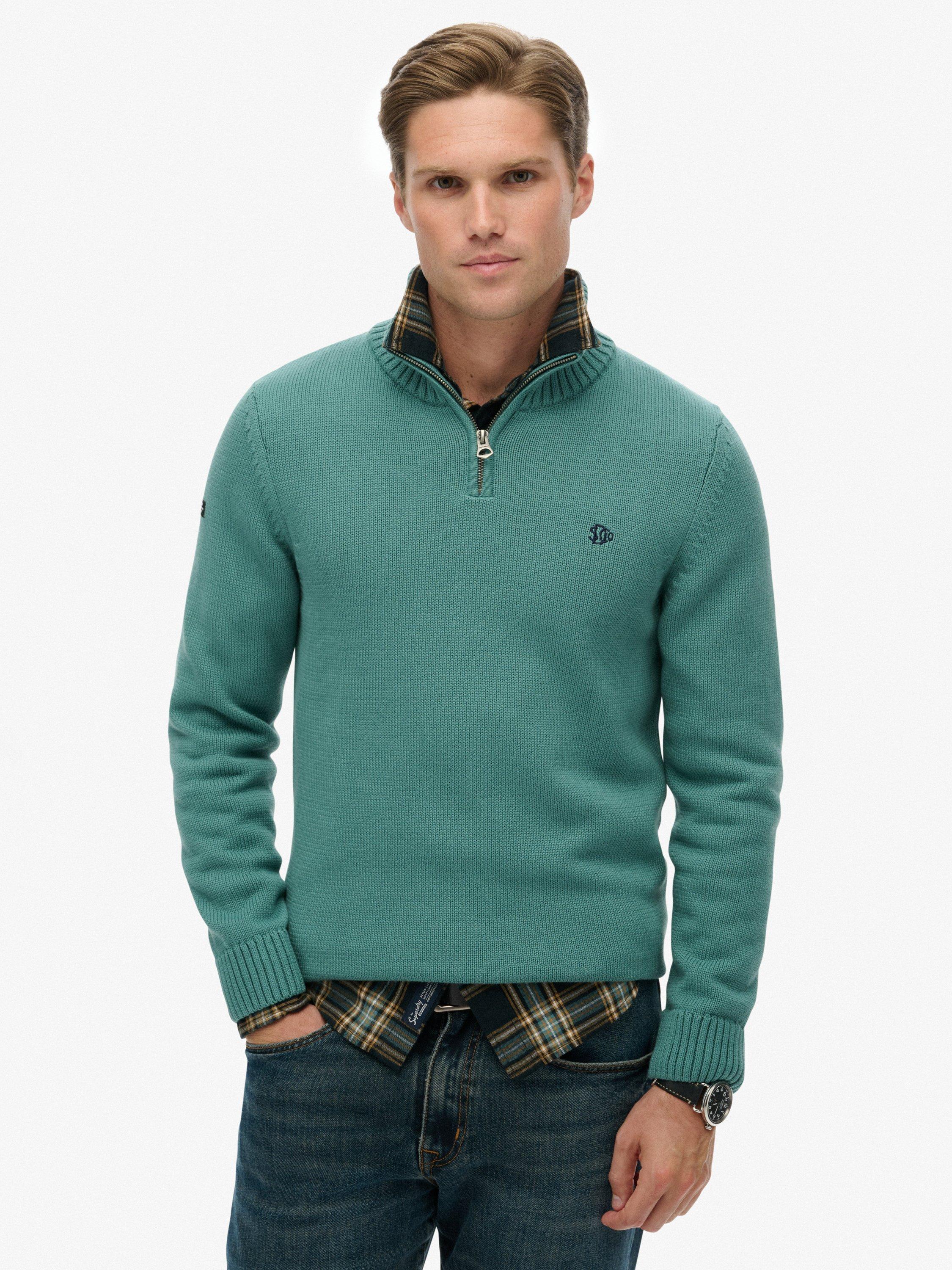 Product image 1 of 1, which shows Superdry Organic Cotton Half Zip Knit Jumper, Teal, S