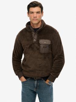 Superdry High Pile Fleece Henley Jumper, Slate Brown, Slate Brown
