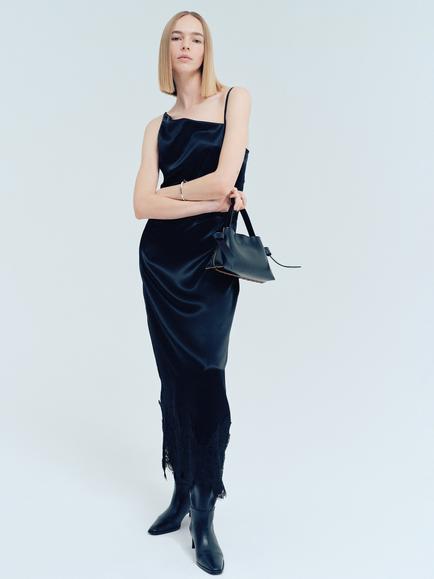 Selected Lace-Trim Ruched V-Neck Sheath Maxi Dress, Black