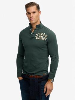Superdry Vintage Athletic Long Sleeve Polo Shirt, Eagle Green, Eagle Green