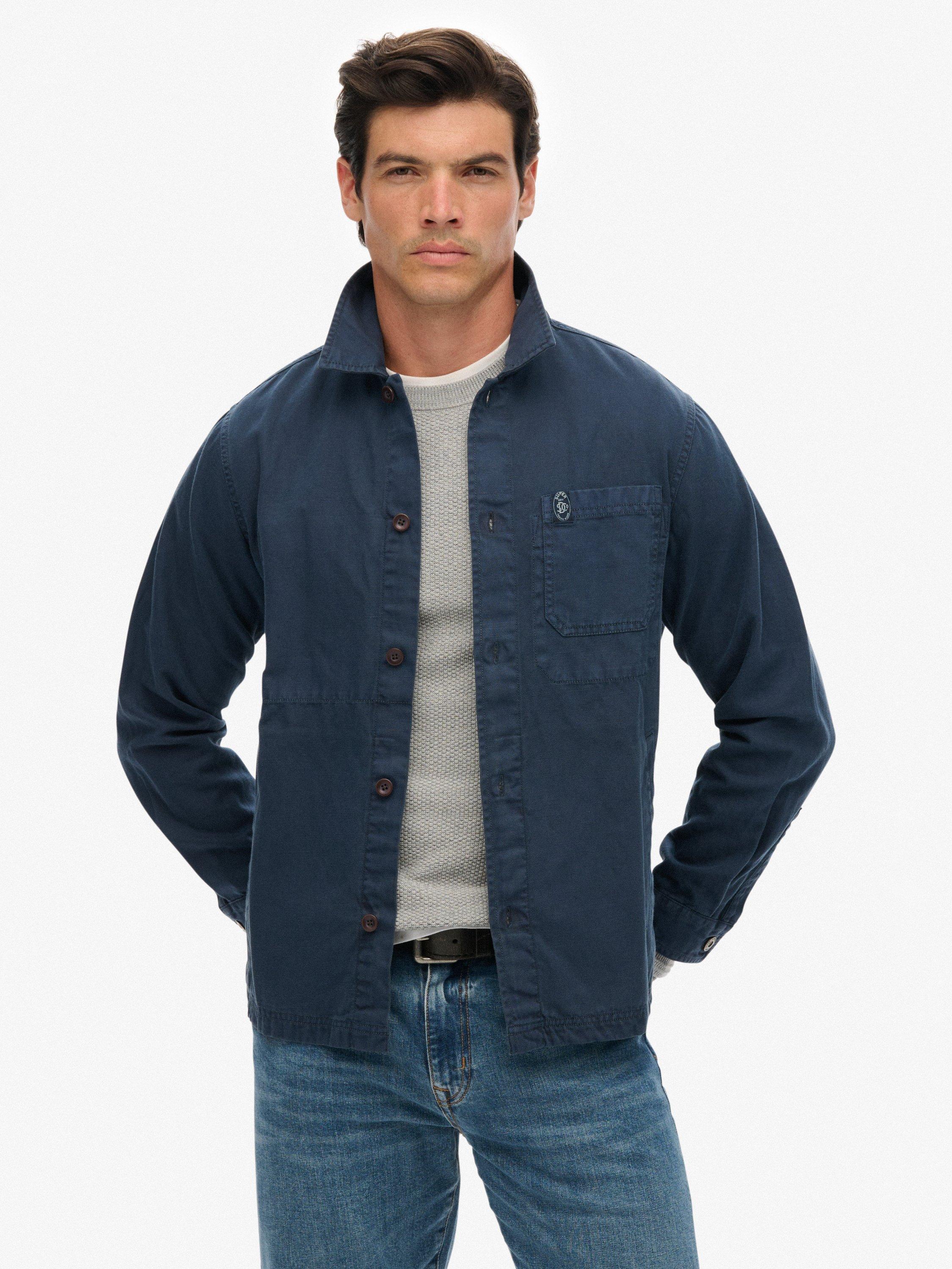 Product image 1 of 1, which shows Superdry Merchant Store Cotton Linen Blend Regular Fit Overshirt, Navy, XXL
