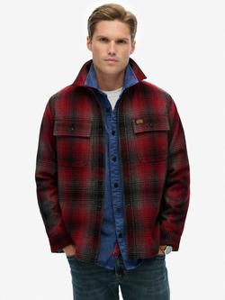 Superdry Wool Blend Regular Fit Check Miller Overshirt, Western Ombre Red/Multi, Western Ombre Red/Multi