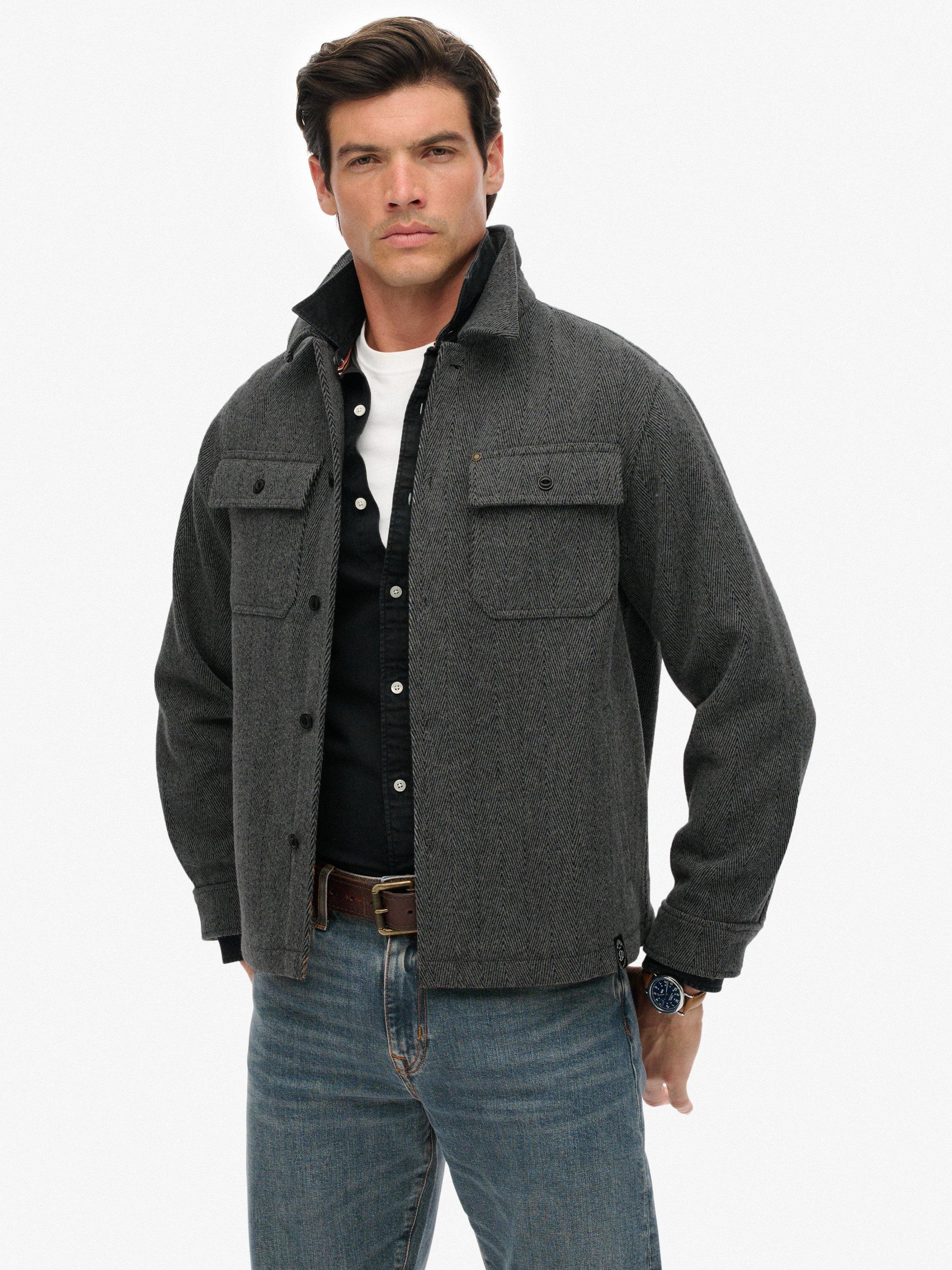 Product image 1 of 1, which shows Superdry Wool Blend Regular Fit Herringbone Overshirt, Mono, M