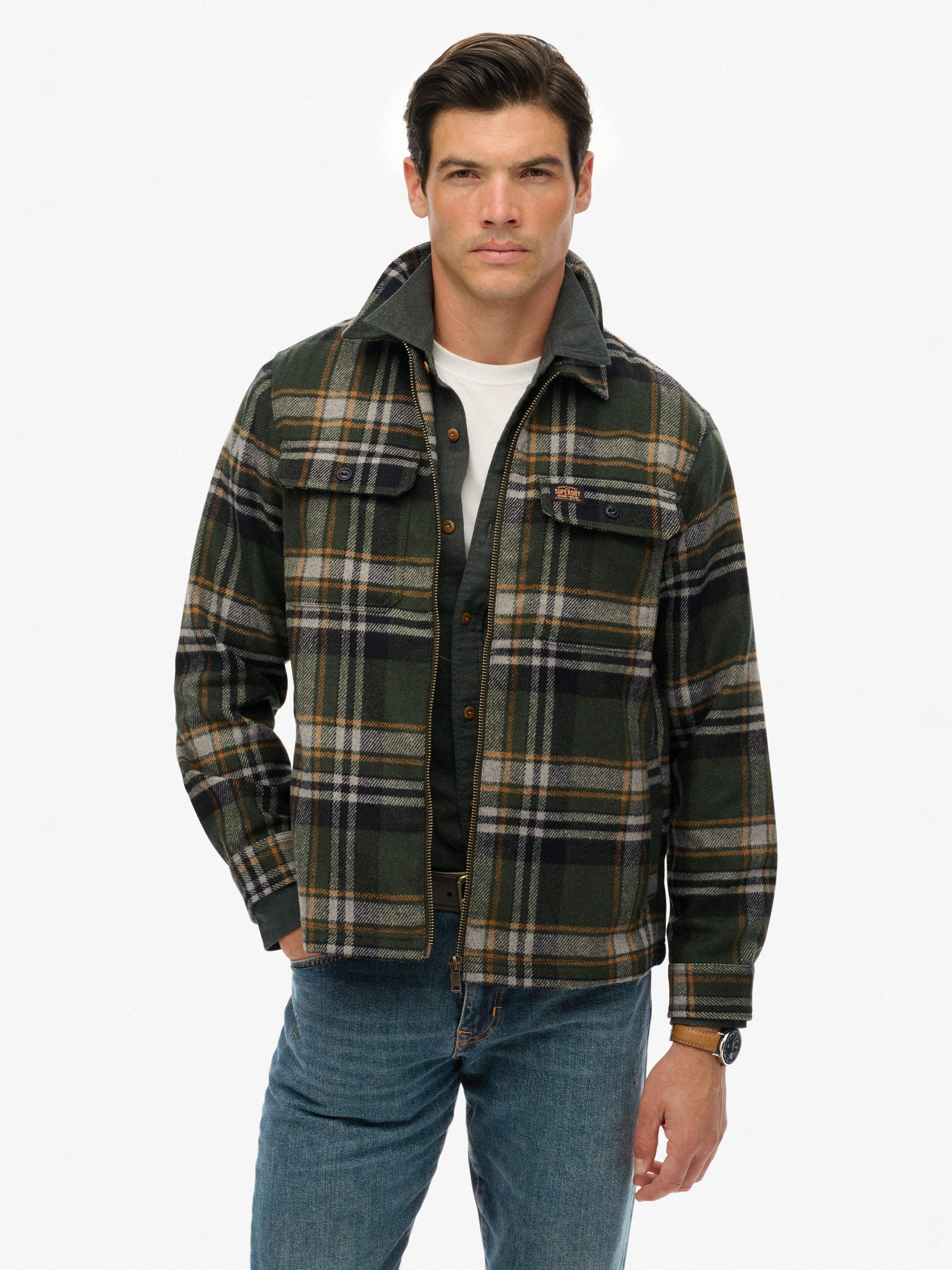 Product image 1 of 6, which shows Superdry Zip Through Wool Blend Check Overshirt, Buckshot/Olive, XL
