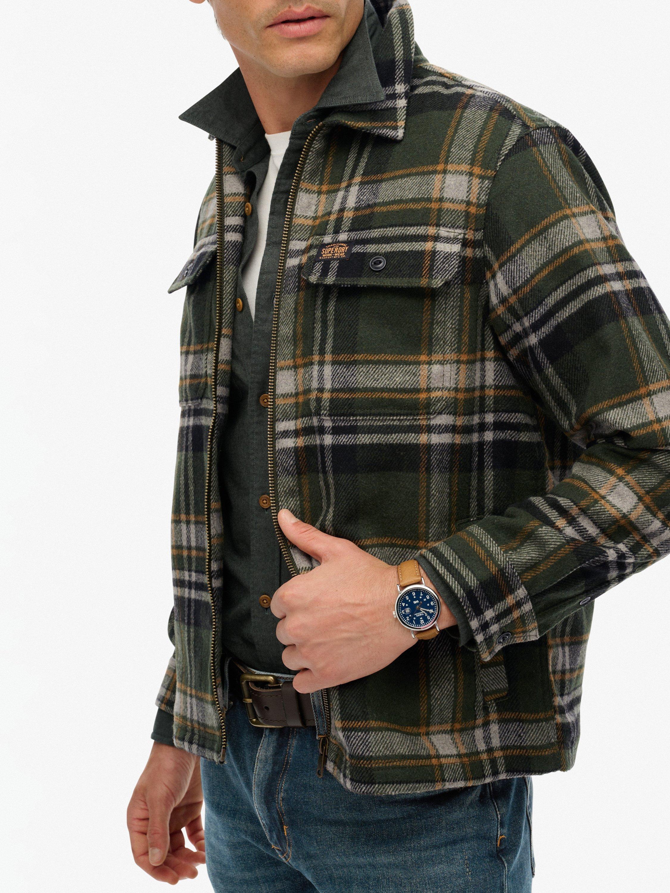 Product image 4 of 6, which shows Superdry Zip Through Wool Blend Check Overshirt, Buckshot/Olive, XL