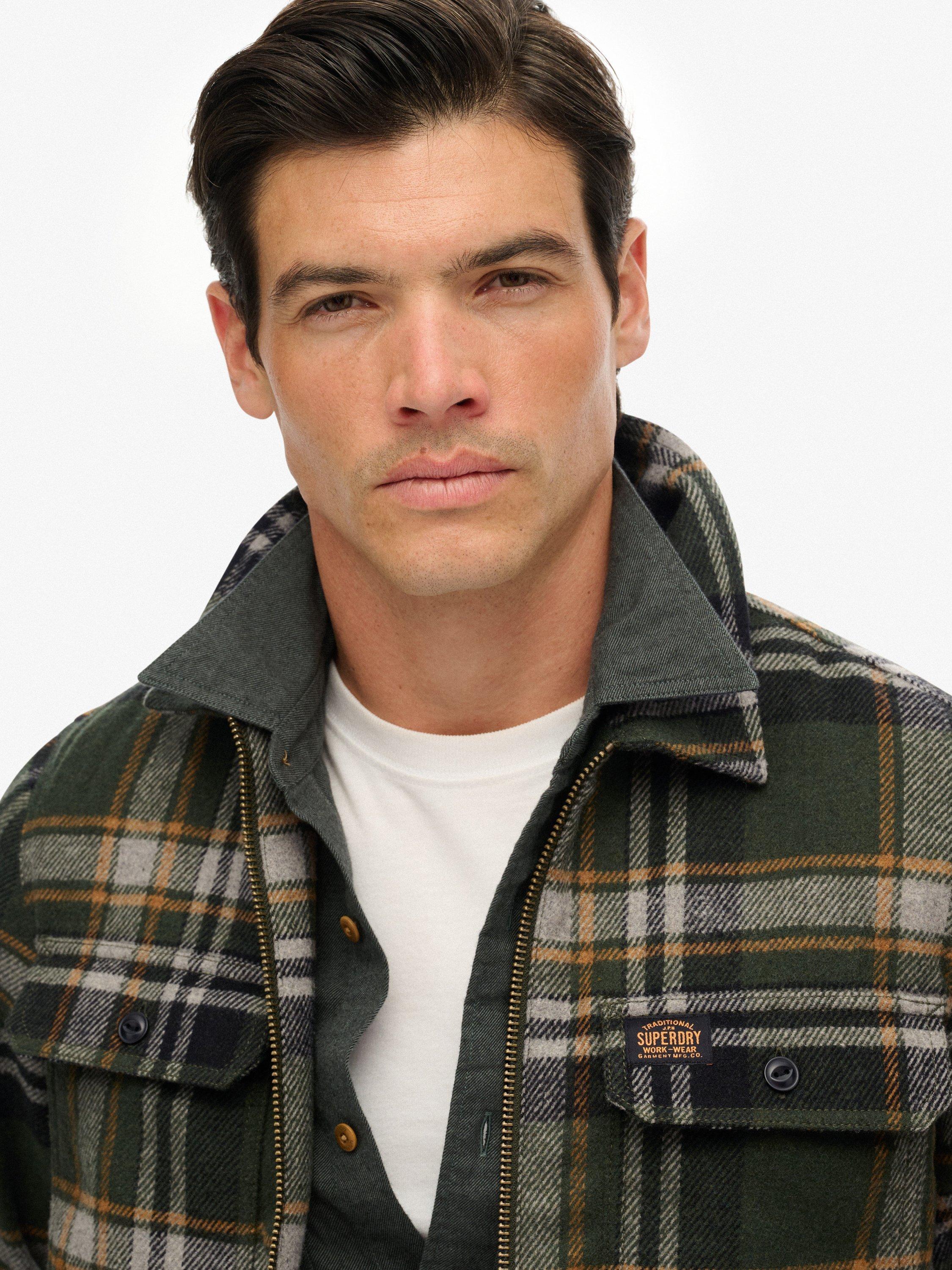 Product image 5 of 6, which shows Superdry Zip Through Wool Blend Check Overshirt, Buckshot/Olive, XL