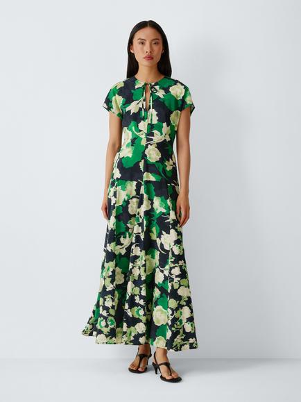 John Lewis Floral Print Cap Sleeve Godet Midi Dress, Print, Print