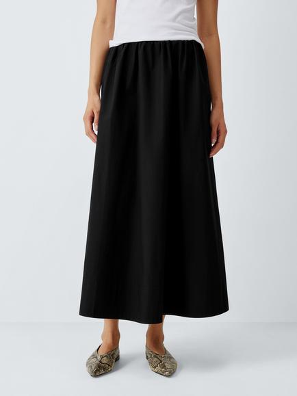 John Lewis Plain Pleated Cotton Poplin Maxi Skirt, Black, Black