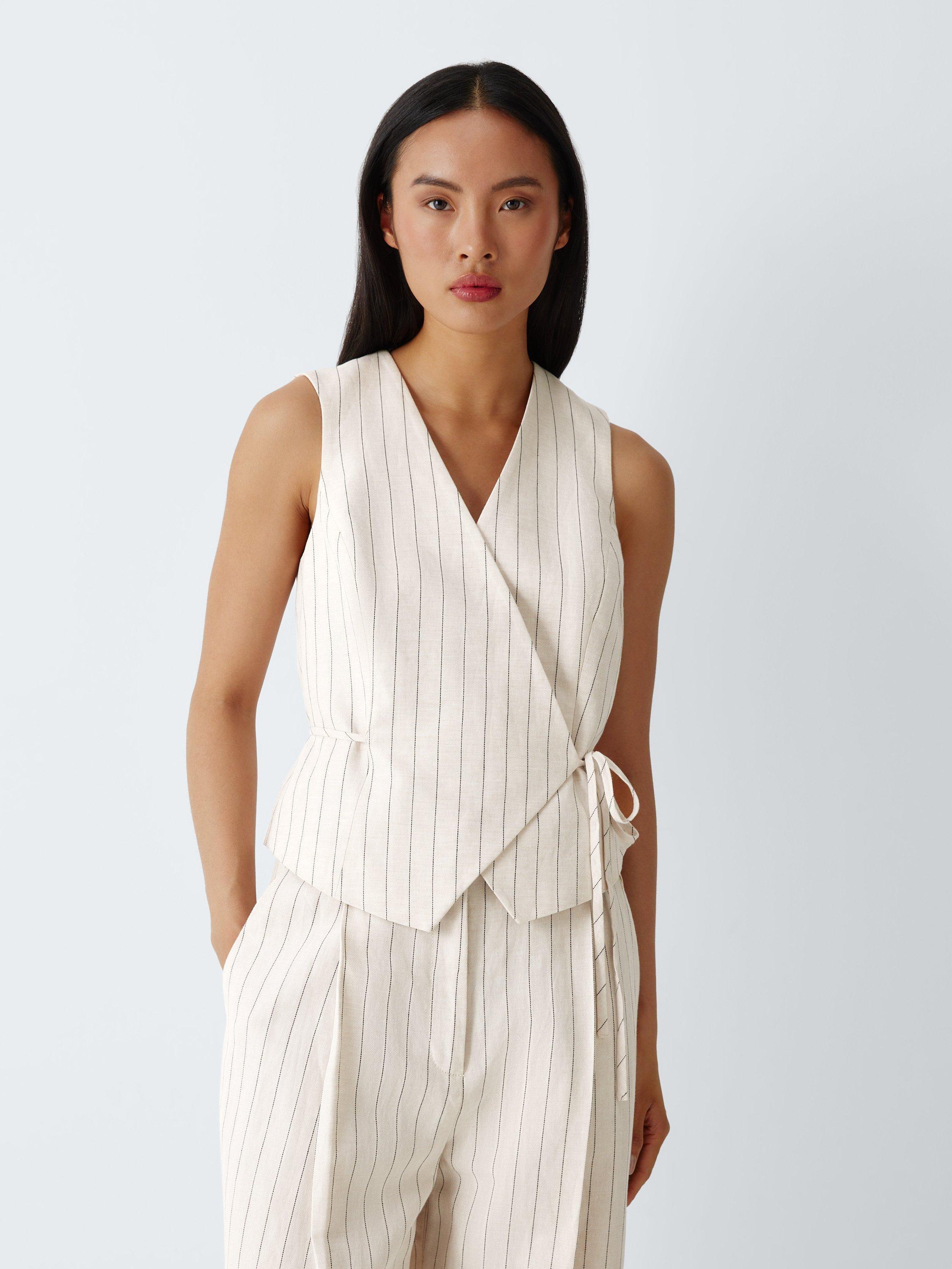 Product image 1 of 6, which shows John Lewis Asymmetric Wrap Front Cotton Linen Blend Striped Waistcoat, Stripe Linen, 8