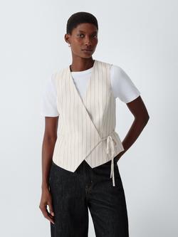 John Lewis Asymmetric Wrap Front Cotton Linen Blend Striped Waistcoat, Stripe Linen, Stripe Linen