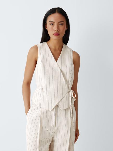 John Lewis Asymmetric Wrap Front Cotton Linen Blend Striped Waistcoat, Stripe Linen, Stripe Linen