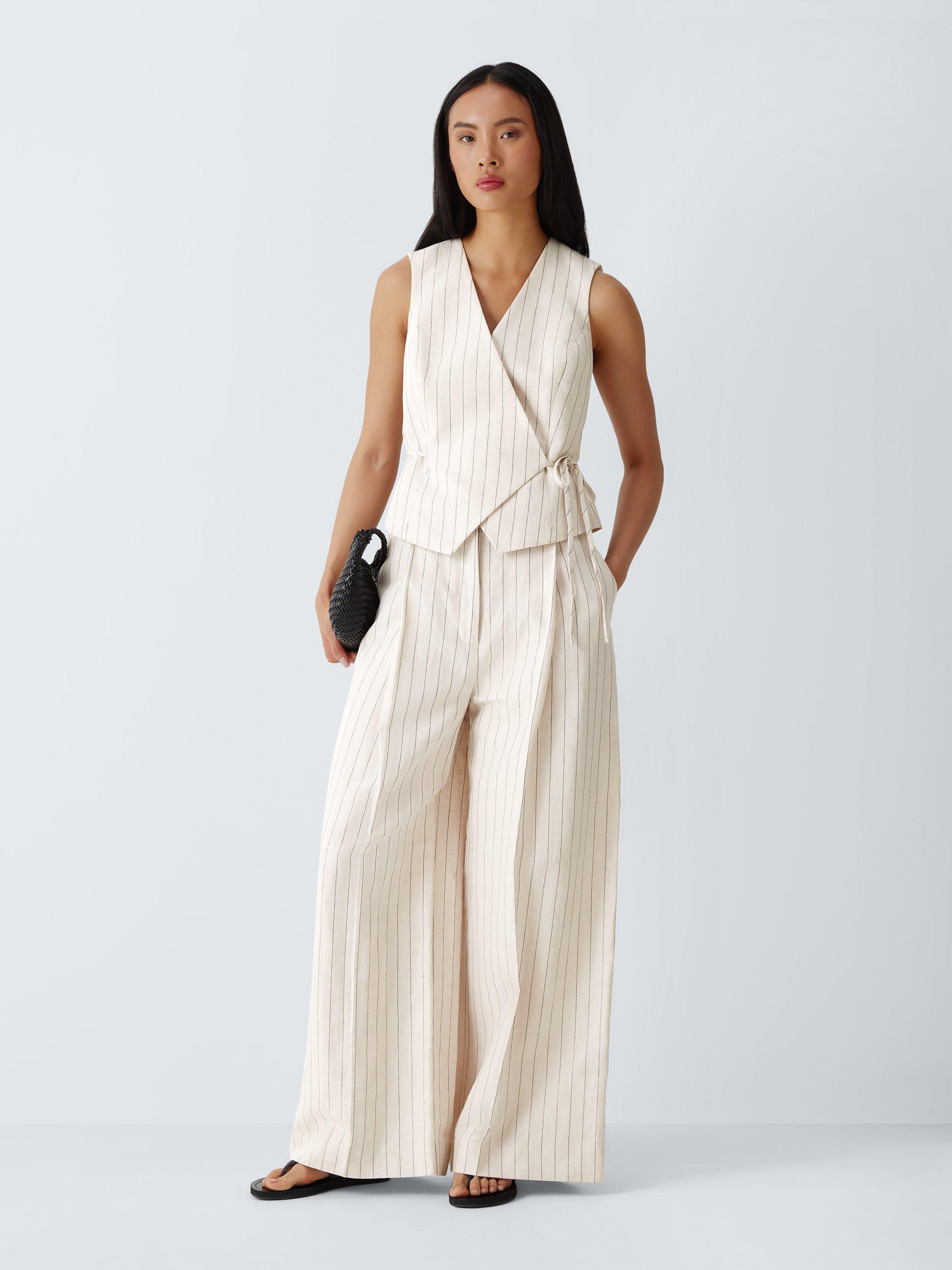 Product image 3 of 6, which shows John Lewis Asymmetric Wrap Front Cotton Linen Blend Striped Waistcoat, Stripe Linen, 8