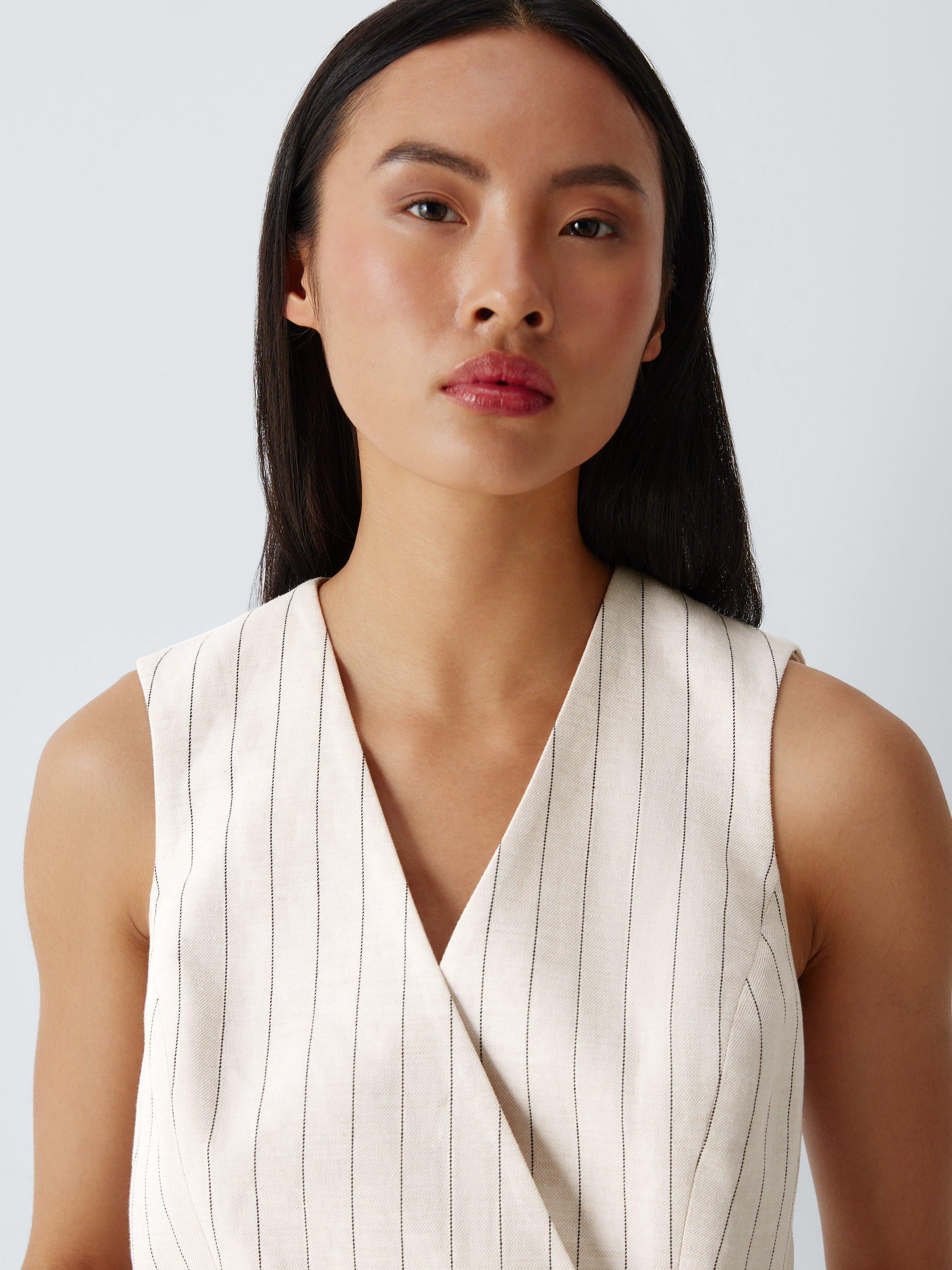 Product image 5 of 6, which shows John Lewis Asymmetric Wrap Front Cotton Linen Blend Striped Waistcoat, Stripe Linen, 8