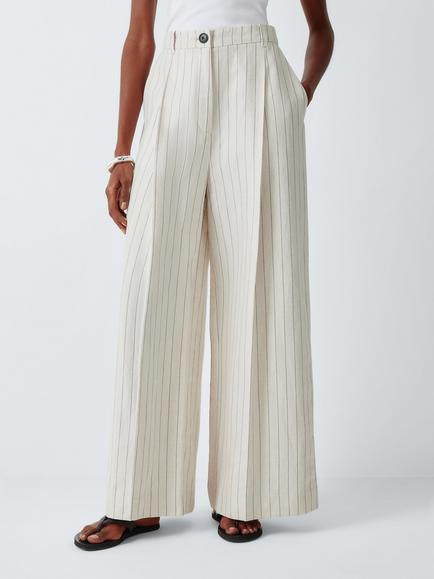 John Lewis Cotton Linen Blend Striped Wide Leg Trousers, Stripe Linen, Stripe Linen
