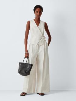 John Lewis Cotton Linen Blend Striped Wide Leg Trousers, Stripe Linen, Stripe Linen