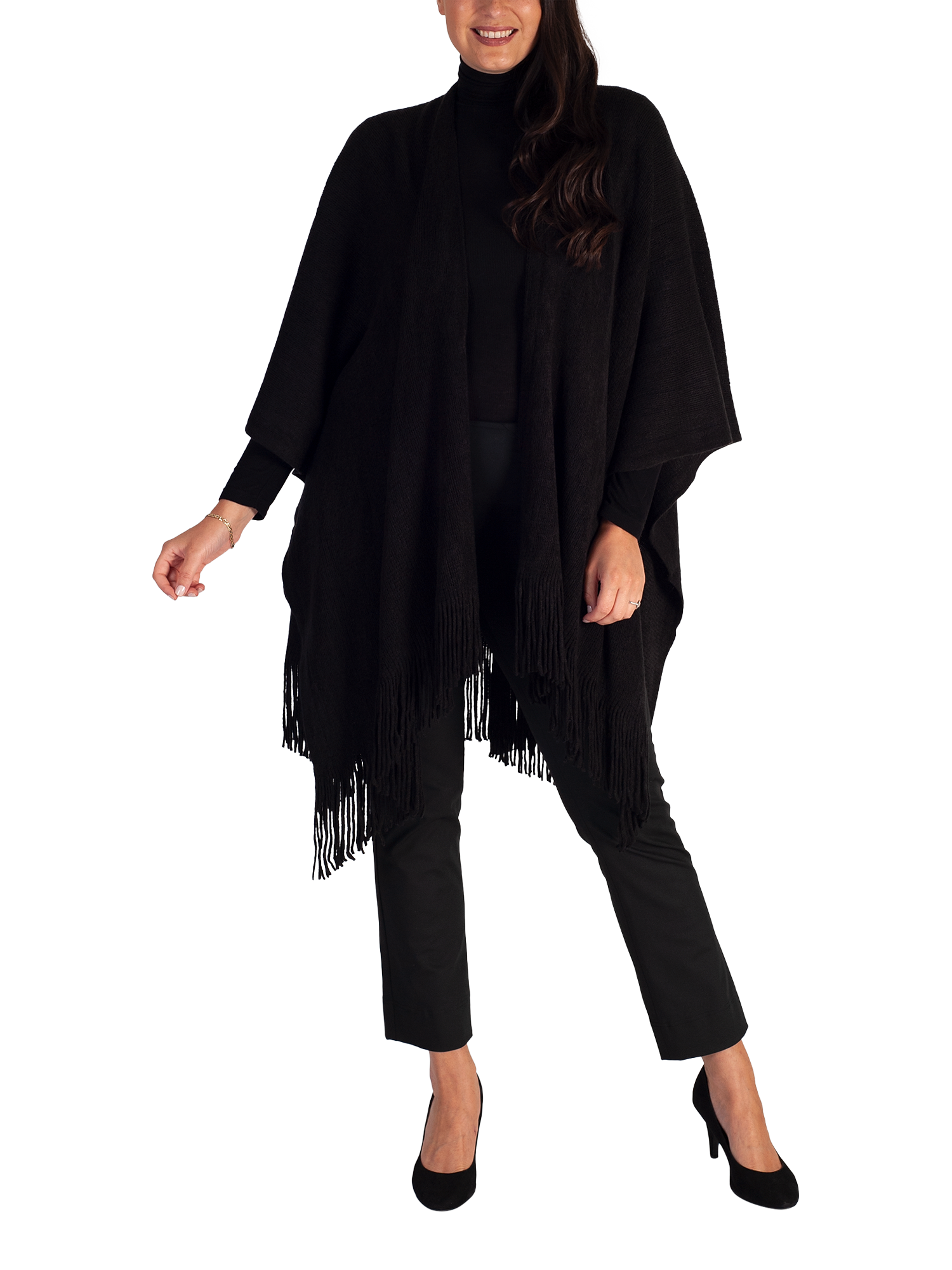 Product image 1 of 4, which shows chesca Fringed Knit Wrap, Black, One Size