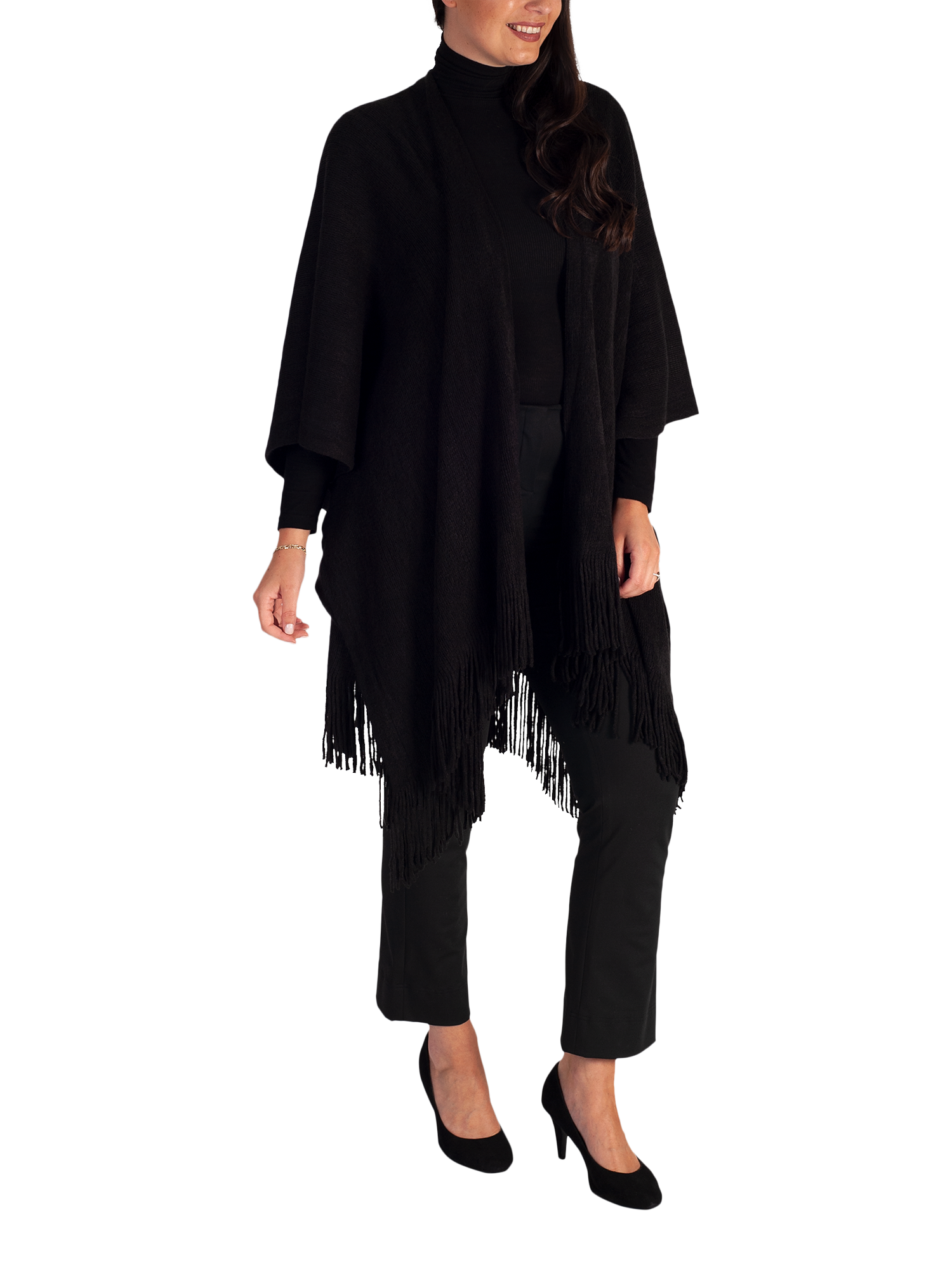 Product image 3 of 4, which shows chesca Fringed Knit Wrap, Black, One Size