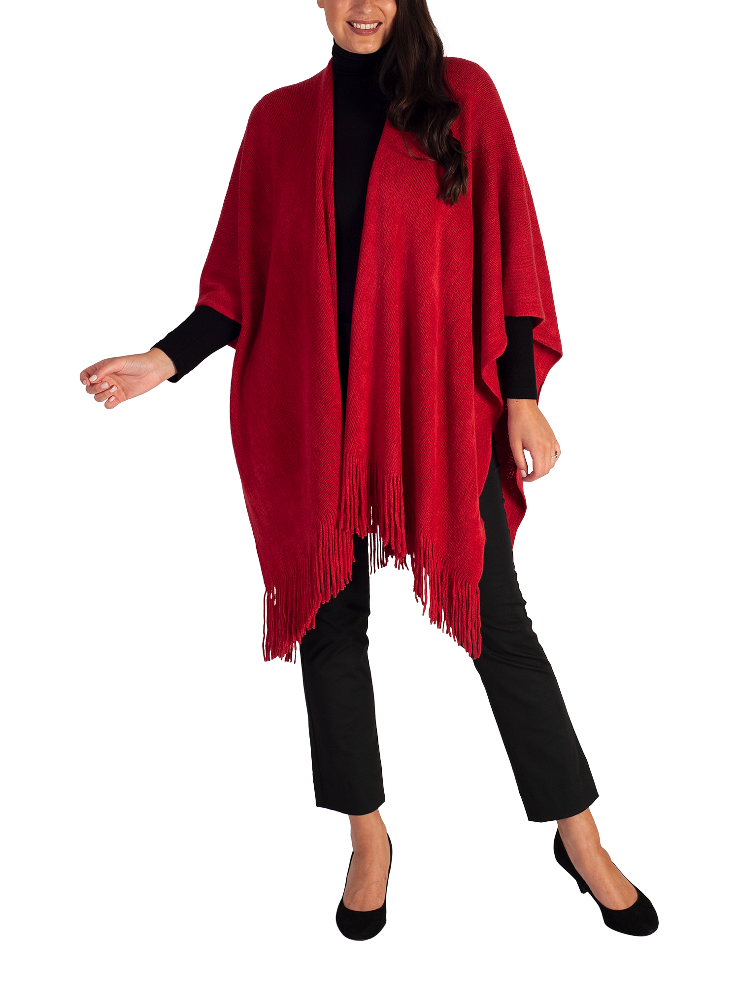 Product image 1 of 4, which shows chesca Fringed Knit Wrap, Ruby, One Size