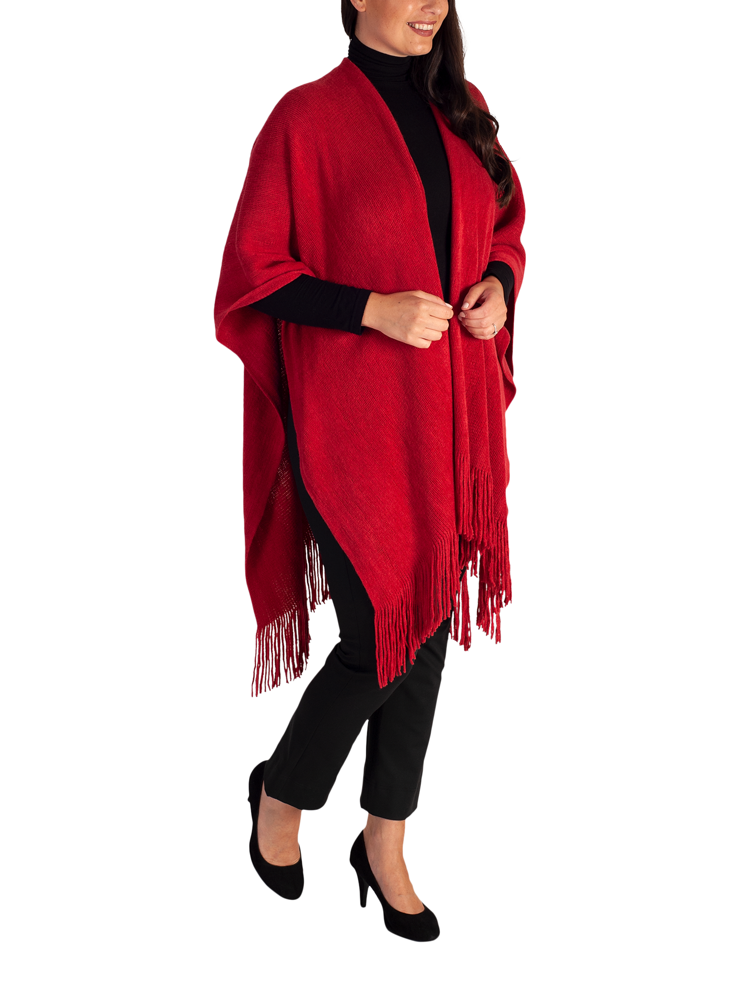 Product image 3 of 4, which shows chesca Fringed Knit Wrap, Ruby, One Size