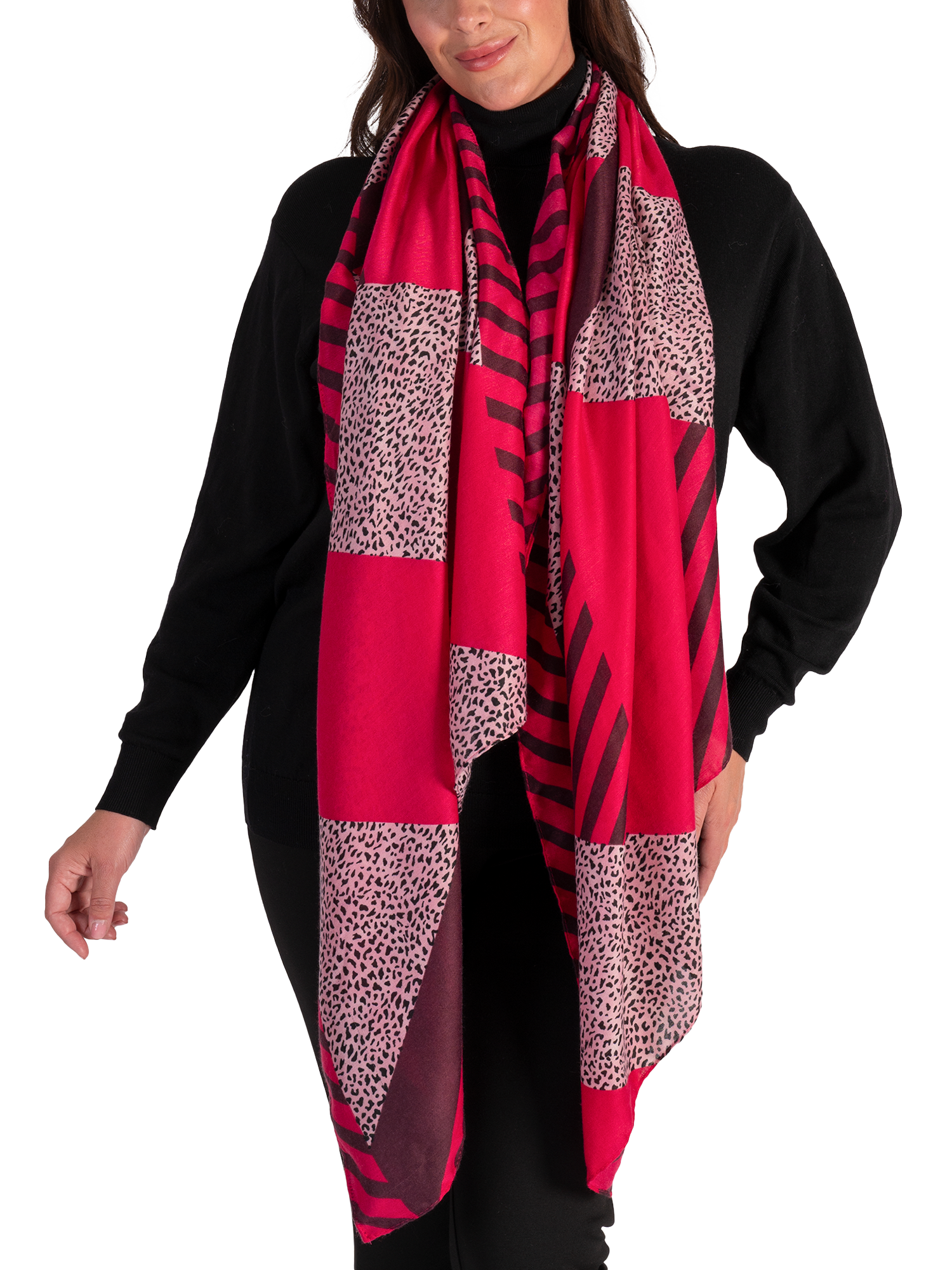 Product image 2 of 5, which shows chesca Animal Print Striped Scarf , Fuchsia/Purple, One Size