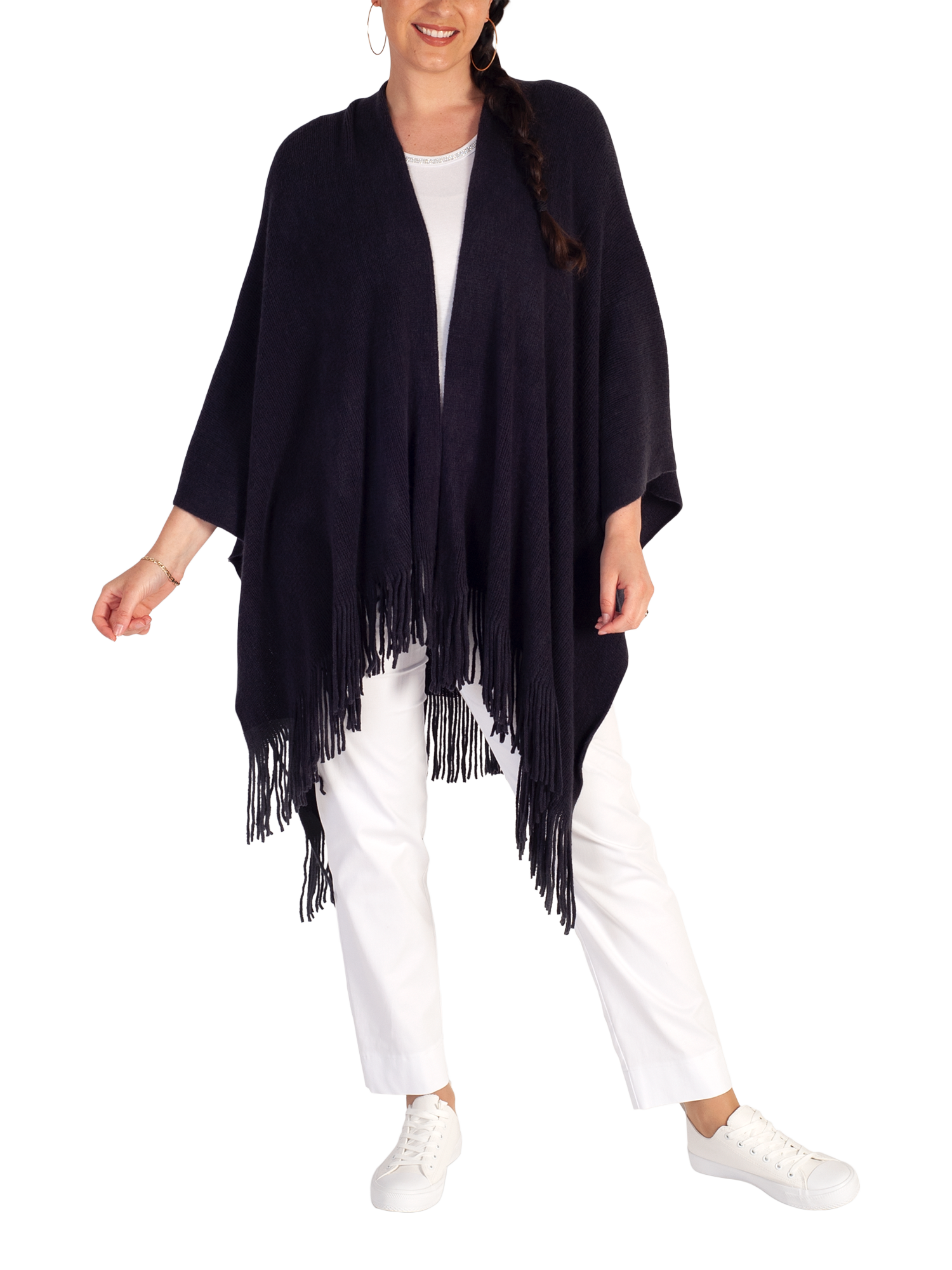 Product image 1 of 5, which shows chesca Fringed Knit Wrap, Navy, One Size