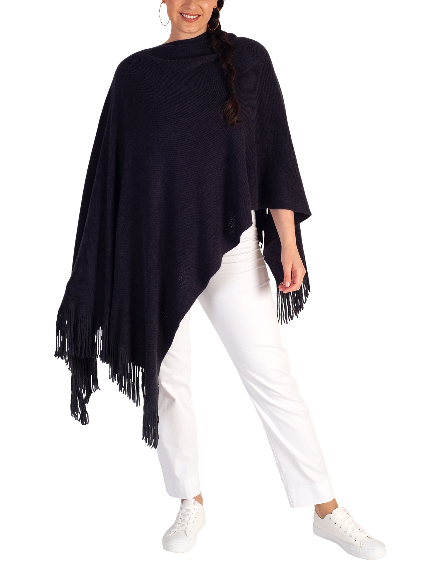 Product image 3 of 5, which shows chesca Fringed Knit Wrap, Navy, One Size