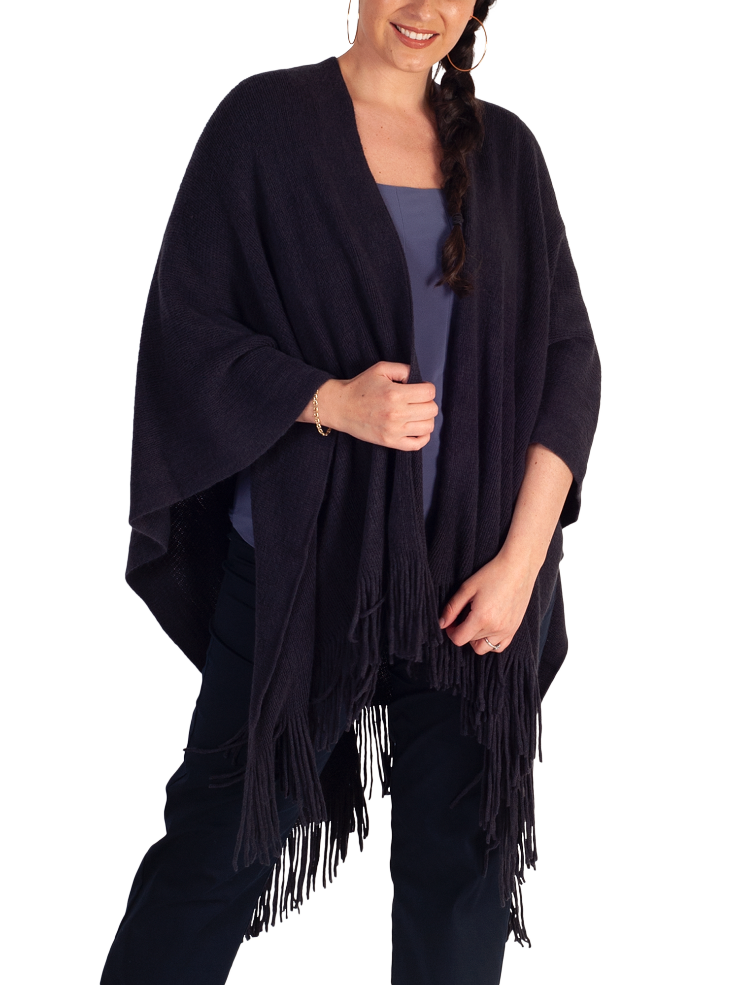Product image 4 of 5, which shows chesca Fringed Knit Wrap, Navy, One Size